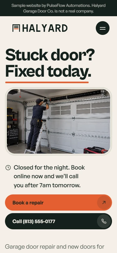 The same sample homepage on a phone, with the headline and photo above Book a repair and Call buttons.