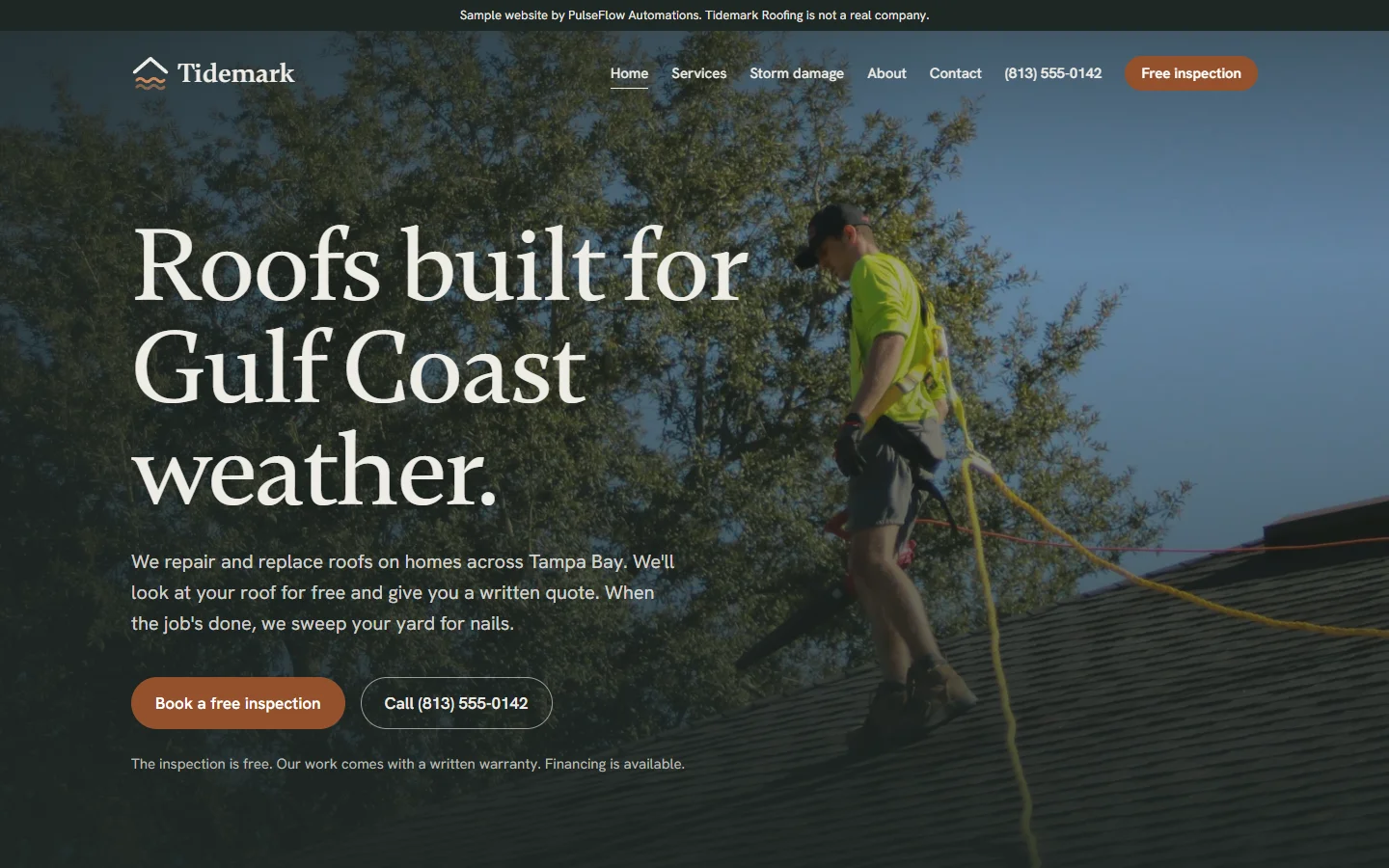 The Tidemark Roofing sample homepage on a computer: the headline "Roofs built for Gulf Coast weather." over a photo of a roofer at work, with buttons to book a free inspection or call.