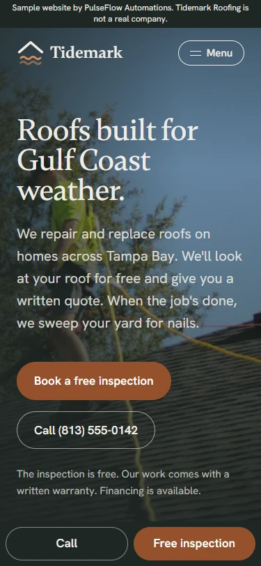 The same sample homepage on a phone, with Call and Free inspection buttons fixed to the bottom of the screen.